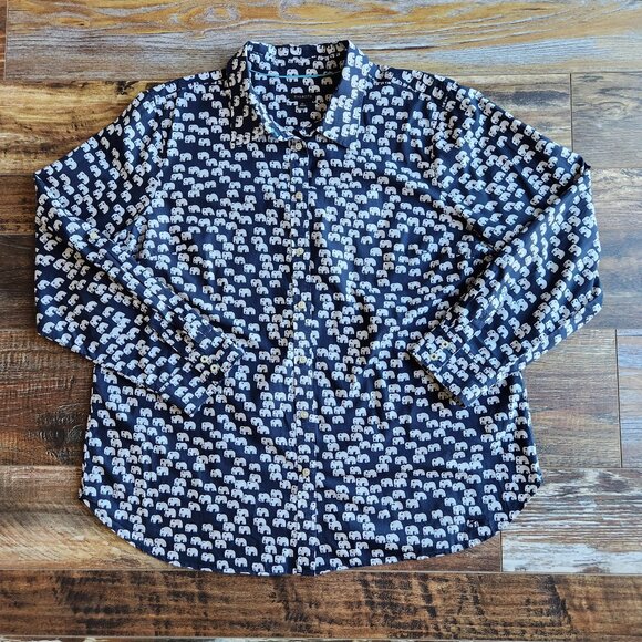 Talbots Elephant Printed Button-Up Tunic Shirt Long Sleeve Navy White - Picture 5 of 9
